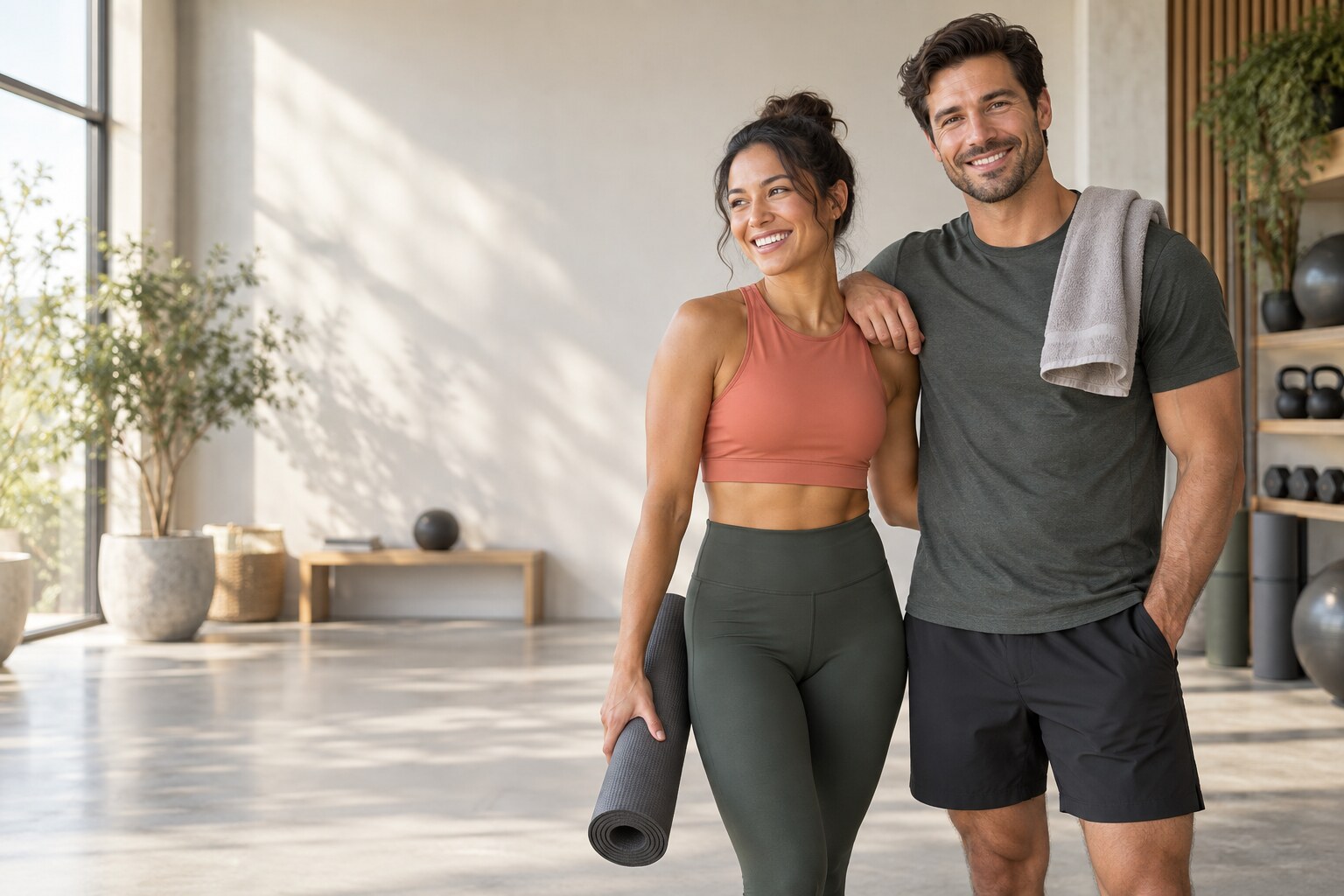 A stylish man and woman in modern fitness clothing